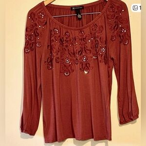 Inc. Large 3/4 Sleeve Burgundy Shirt, T-Shirt Feel, With Bling